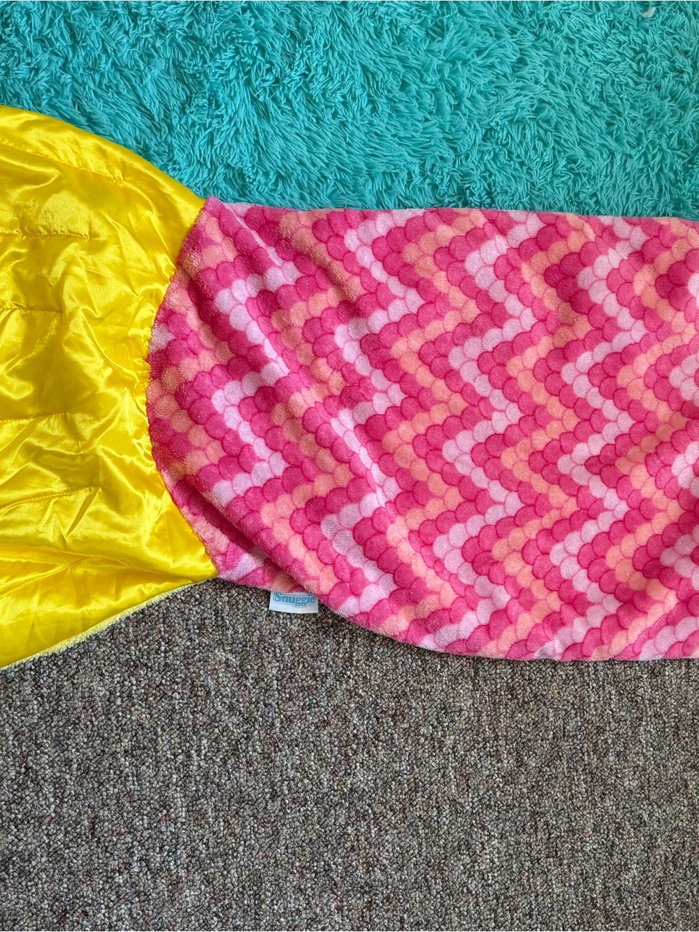 Kids Pink Chevron Blanket with Yellow Satin Edge Mermaid Tail SNUGGIE